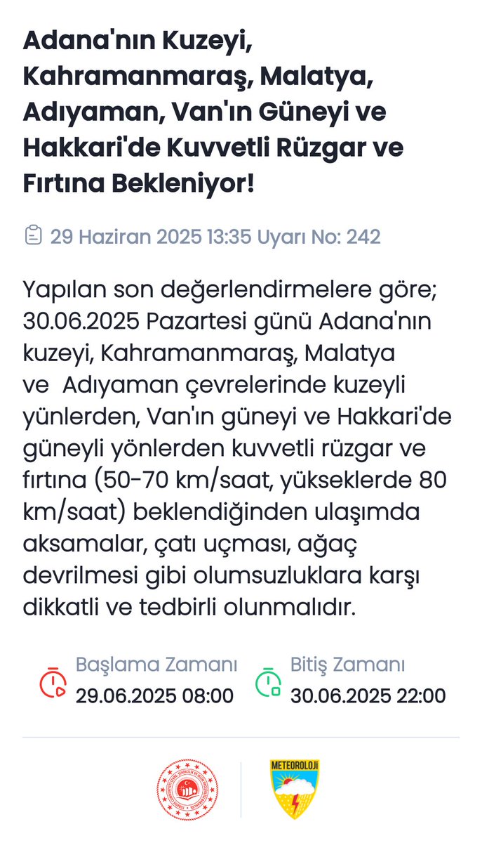 Adana, Kahramanmaraş, Malatya, Adıyaman, Van ve Hakkari'de Kuvvetli Rüzgar Uyarısı