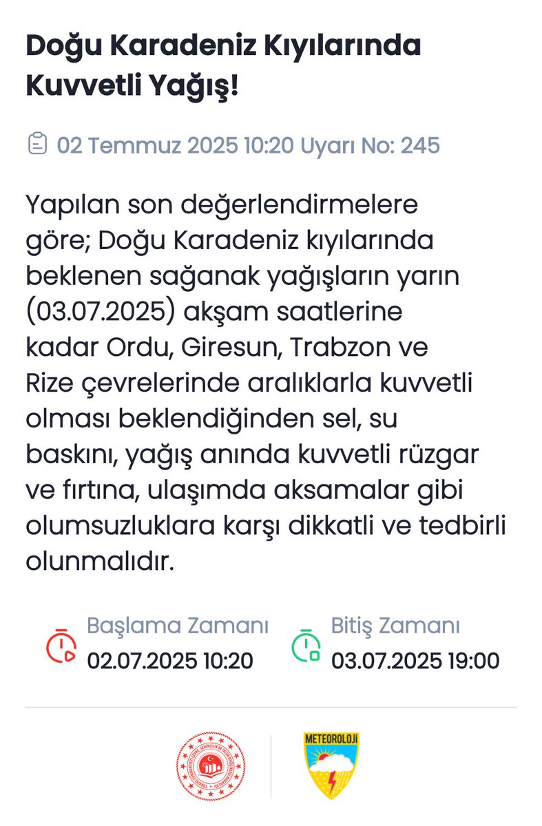 Doğu Karadeniz'de Kuvvetli Yağış Uyarısı: Meteoroloji'den Uyarı