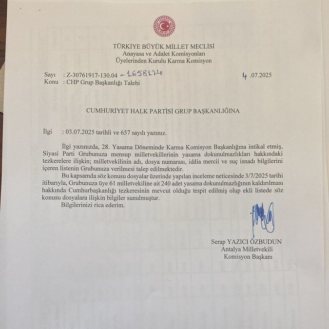CHP Milletvekillerinin Dokunulmazlıkları İçin Cumhurbaşkanlığı Tezkere TBMM’de